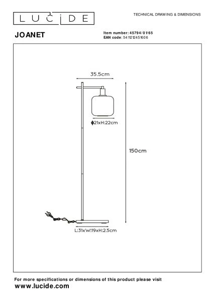 Lucide JOANET - Lampadaire - 1xE27 - Fumé - TECHNISCH